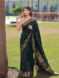 DEIANA'S Beautiful Designer Golden zari Soft Lichi Silk Saree - Green | Grocsy