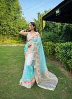 Vamsee Radhika Jaal Sky Organza Silk Saree | Grocsy