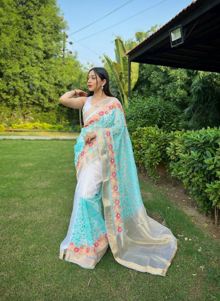 Vamsee Radhika Jaal Sky Organza Silk Saree | Grocsy