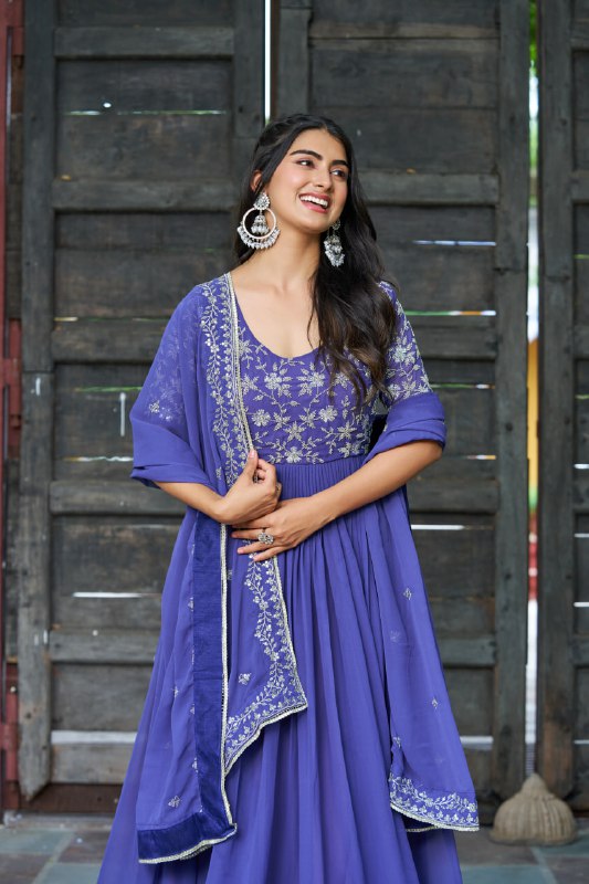 Lehenga Mart Premium Readymade Gown With Dupatta Set For Women-Blue | Grocsy