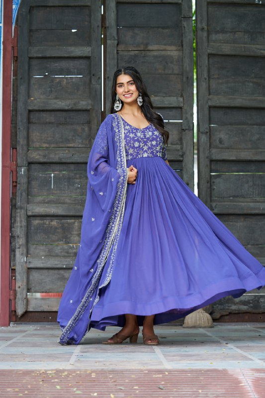 Lehenga Mart Premium Readymade Gown With Dupatta Set For Women-Blue | Grocsy