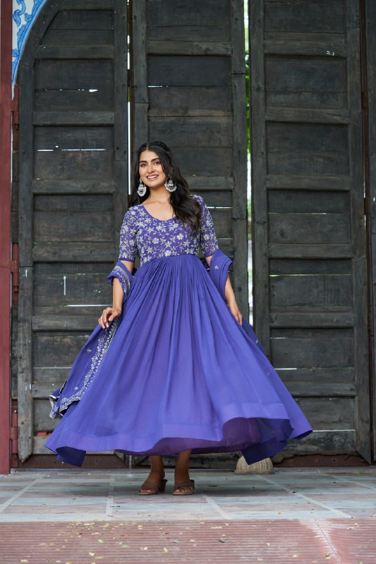 Lehenga Mart Premium Readymade Gown With Dupatta Set For Women-Blue | Grocsy