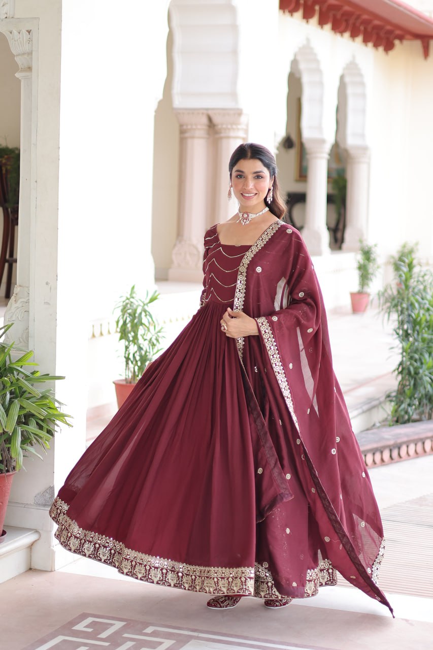 Lehenga Mart Premium Readymade Gown With Dupatta Set For Women-Brown | Grocsy