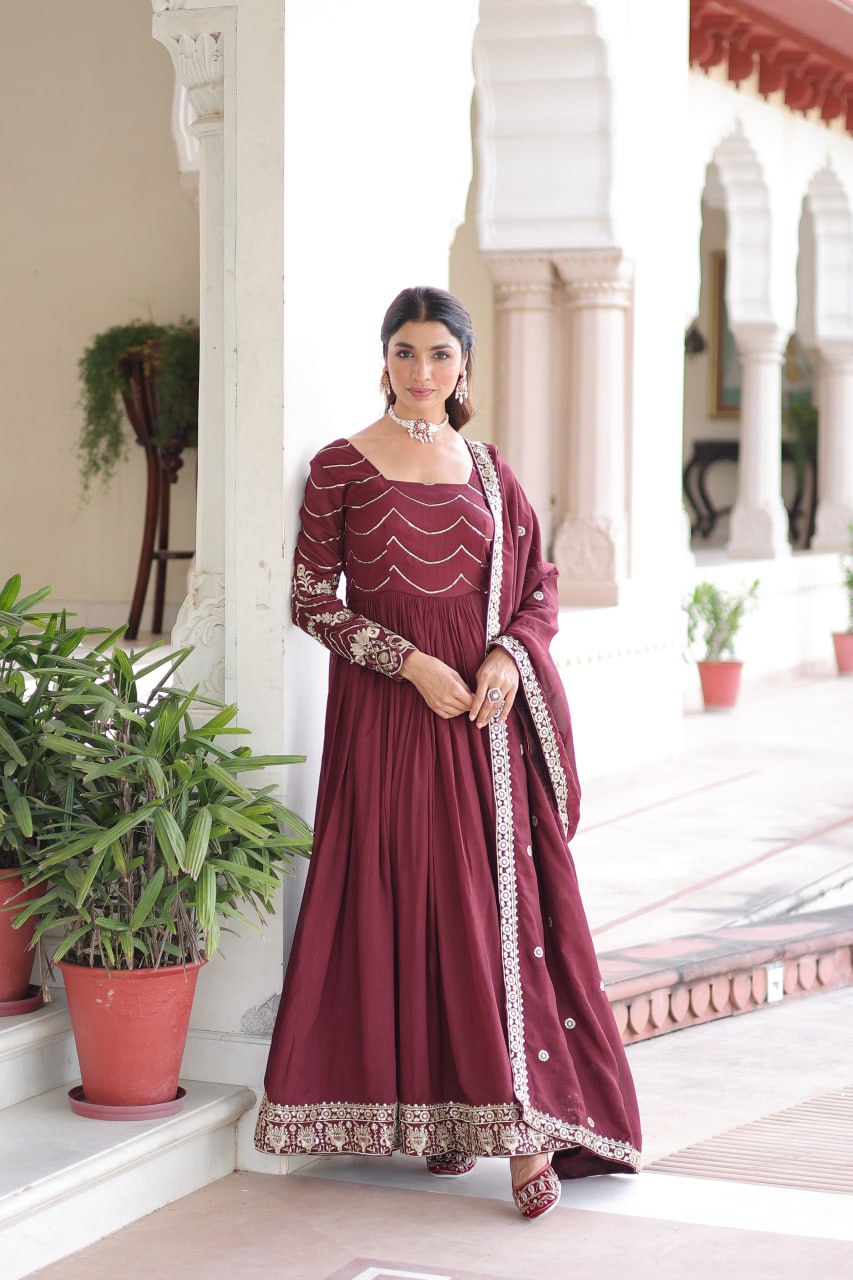 Lehenga Mart Premium Readymade Gown With Dupatta Set For Women-Brown | Grocsy