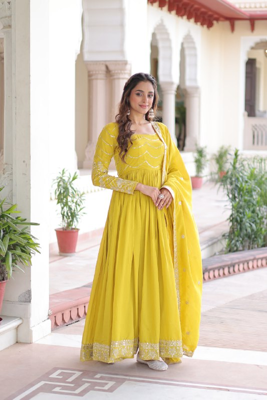 Lehenga Mart Premium Readymade Gown With Dupatta Set For Women-Yellow | Grocsy