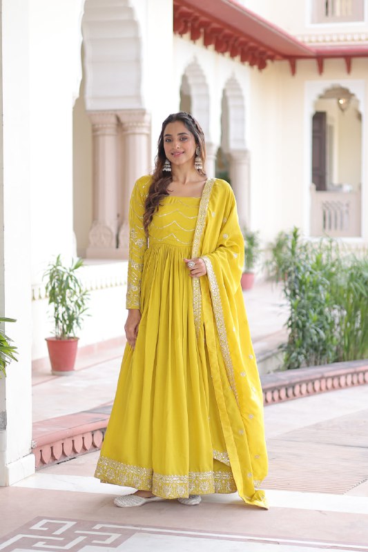 Lehenga Mart Premium Readymade Gown With Dupatta Set For Women-Yellow | Grocsy
