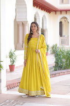 Lehenga Mart Premium Readymade Gown With Dupatta Set For Women-Yellow | Grocsy