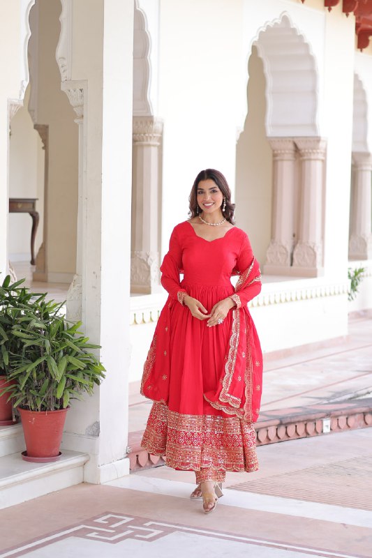 Lehenga Mart Designer Anarkali Suit Ready To Wear Kurta Pant With Dupatta For Women-Red | Grocsy