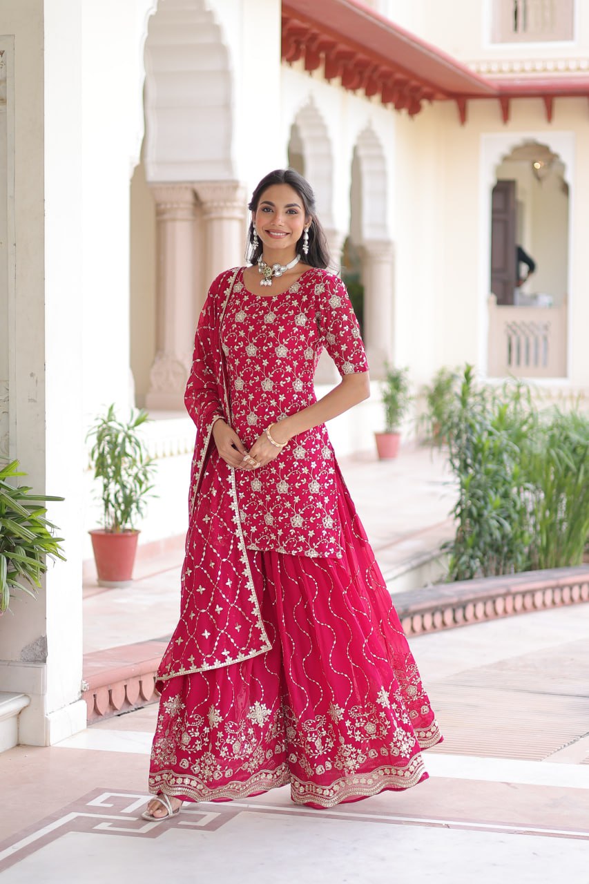 Lehenga Mart Premium Readymade Kurti Sharara With Dupatta Set For Women-Pink | Grocsy