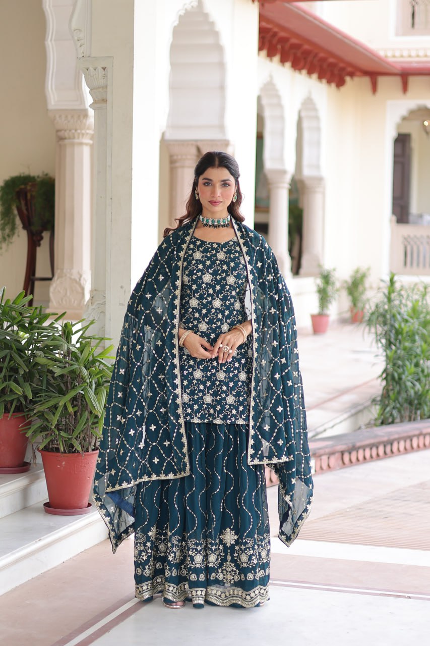 Lehenga Mart Premium Readymade Kurti Sharara With Dupatta Set For Women-Teal Blue | Grocsy