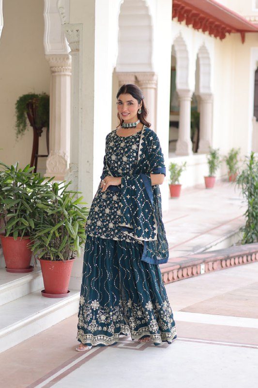 Lehenga Mart Premium Readymade Kurti Sharara With Dupatta Set For Women-Teal Blue | Grocsy