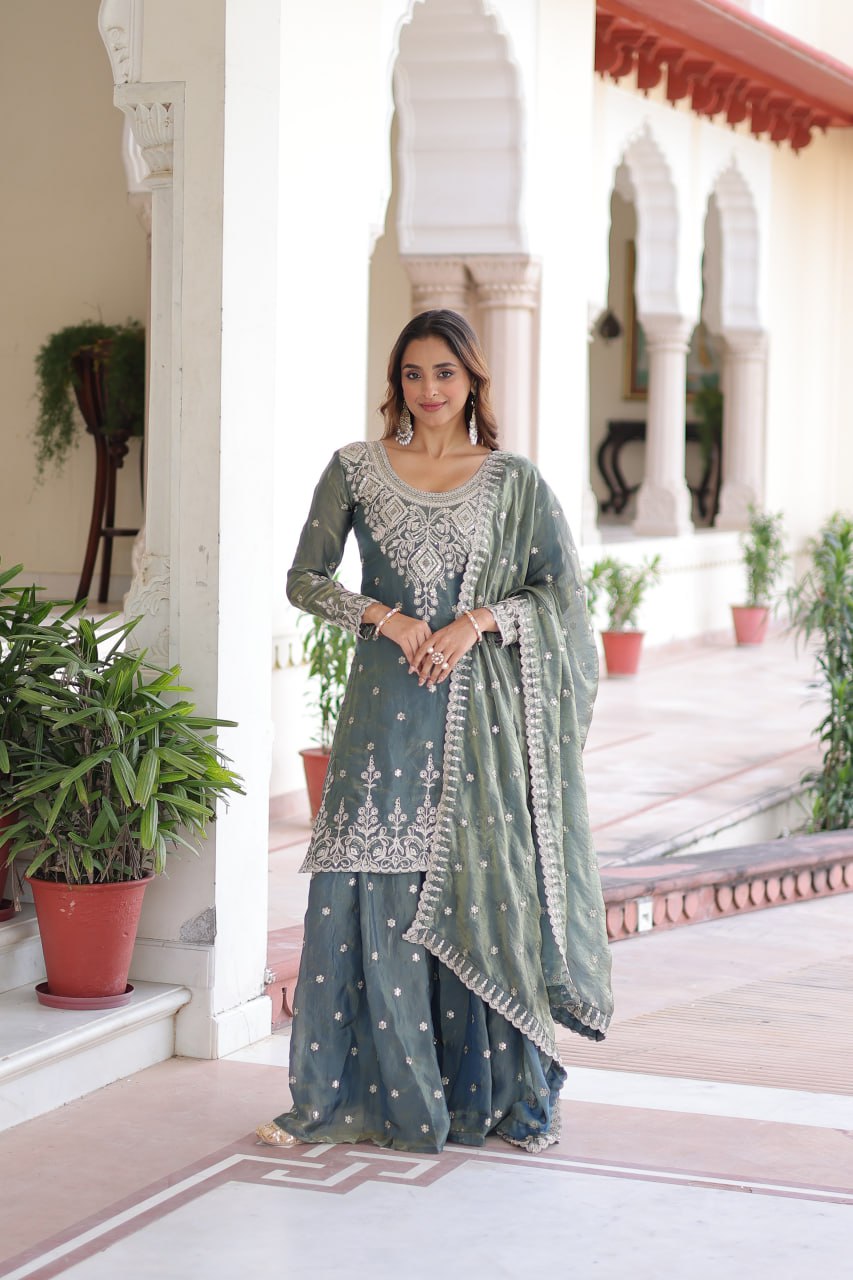 Lehenga Mart Premium Readymade Top Sharara With Dupatta Set For Women-Grey | Grocsy