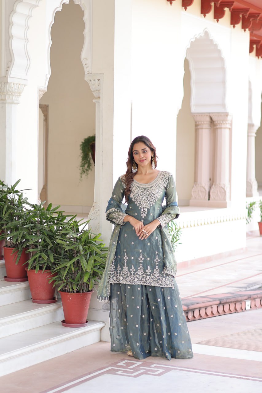 Lehenga Mart Premium Readymade Top Sharara With Dupatta Set For Women-Grey | Grocsy