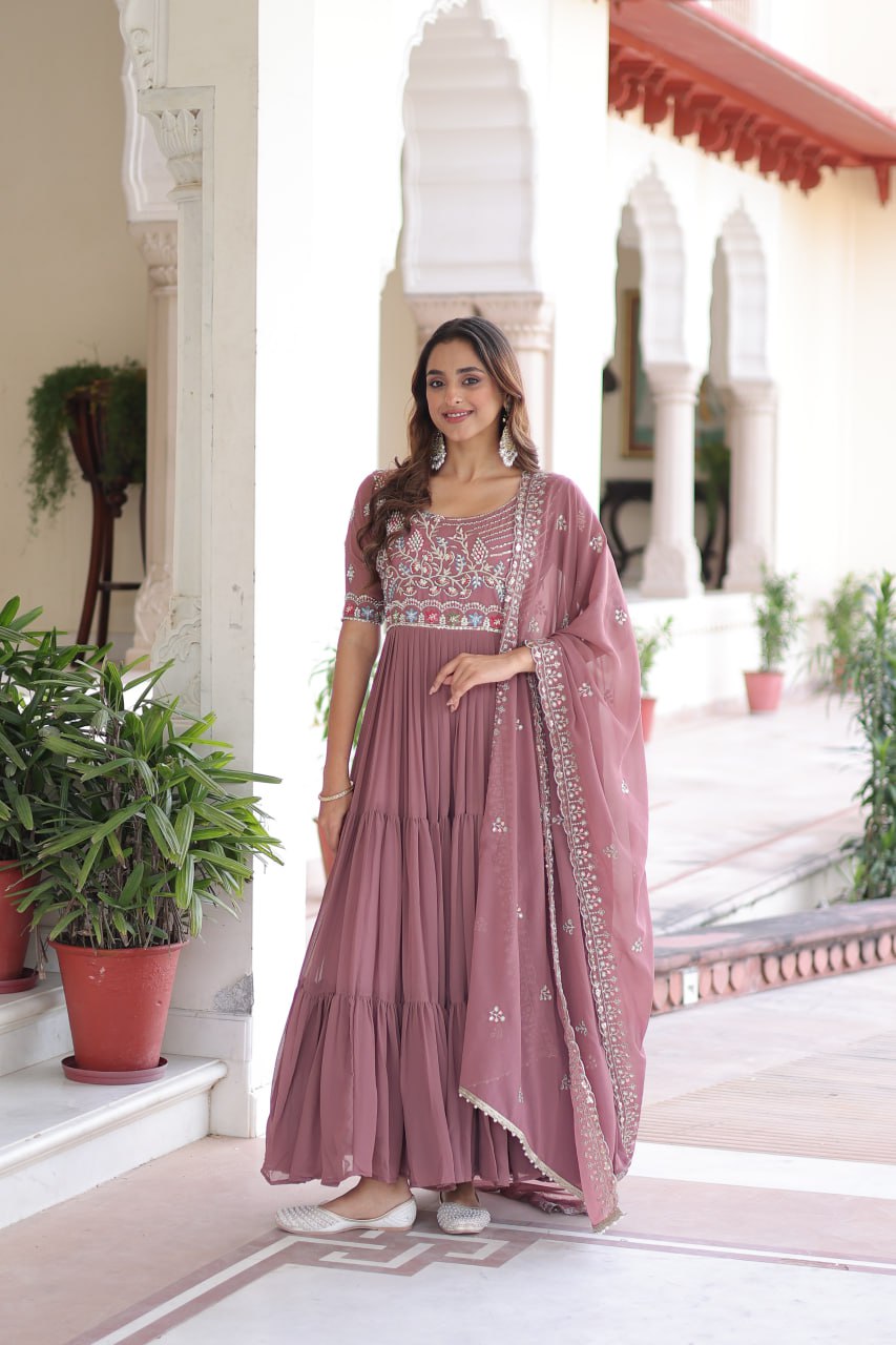 Lehenga Mart Premium Readymade Gown With Dupatta Set For Women-Mauve | Grocsy