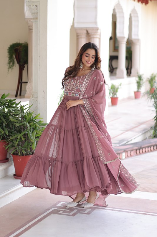 Lehenga Mart Premium Readymade Gown With Dupatta Set For Women-Mauve | Grocsy