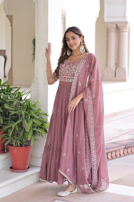 Lehenga Mart Premium Readymade Gown With Dupatta Set For Women-Mauve | Grocsy