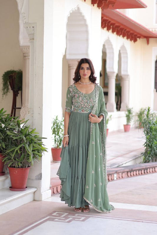 Lehenga Mart Premium Readymade Gown With Dupatta Set For Women-Sage Green | Grocsy