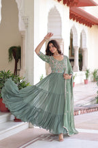 Lehenga Mart Premium Readymade Gown With Dupatta Set For Women-Sage Green | Grocsy