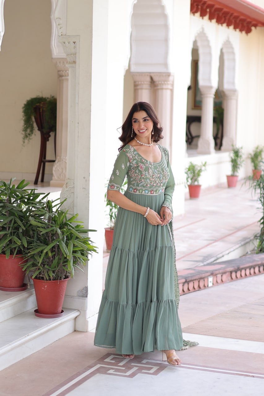 Lehenga Mart Premium Readymade Gown With Dupatta Set For Women-Sage Green | Grocsy