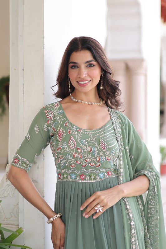 Lehenga Mart Premium Readymade Gown With Dupatta Set For Women-Sage Green | Grocsy