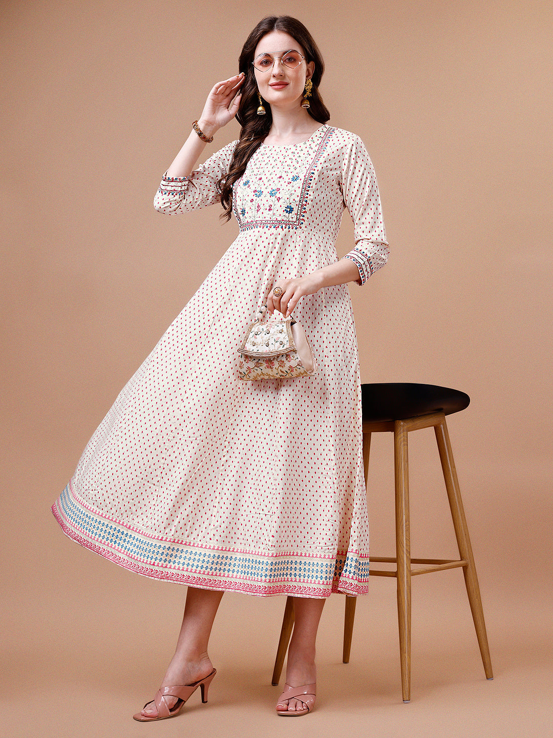 Embroidered Printed Pink Rayon Ethnic Dress, Multicolor - Hiral Fashion | Grocsy