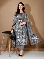 Embroidered & Printed Nyra Cut Kurta With Pant & Dupatta, Black - Hiral Fashion | Grocsy