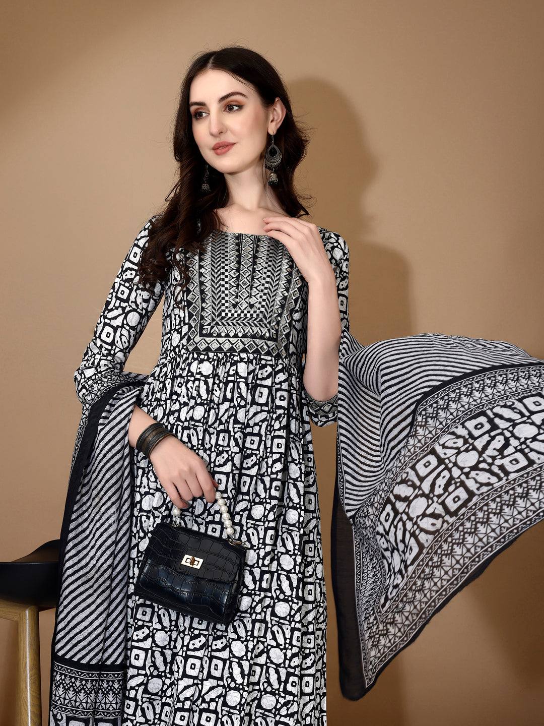 Embroidered & Printed Nyra Cut Kurta With Pant & Dupatta, Black - Hiral Fashion | Grocsy