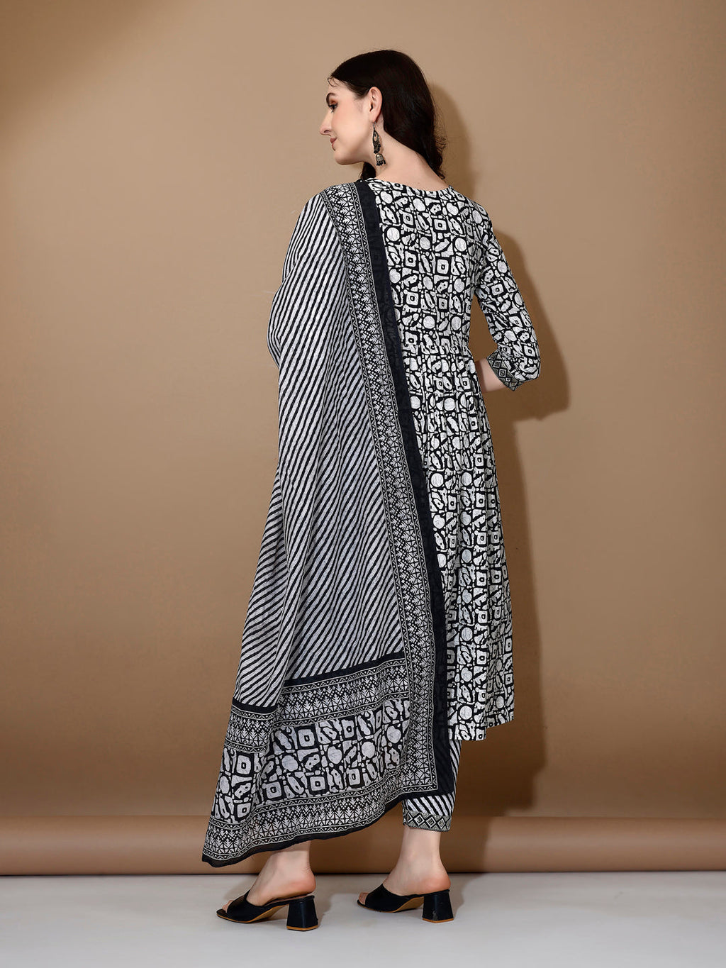 Embroidered & Printed Nyra Cut Kurta With Pant & Dupatta, Black - Hiral Fashion | Grocsy
