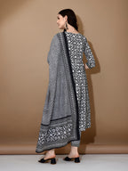 Embroidered & Printed Nyra Cut Kurta With Pant & Dupatta, Black - Hiral Fashion | Grocsy