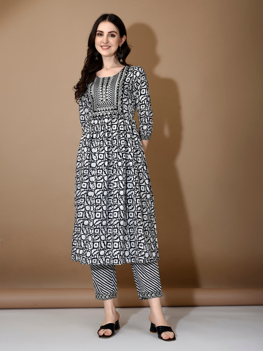 Embroidered & Printed Nyra Cut Kurta With Pant & Dupatta, Black - Hiral Fashion | Grocsy