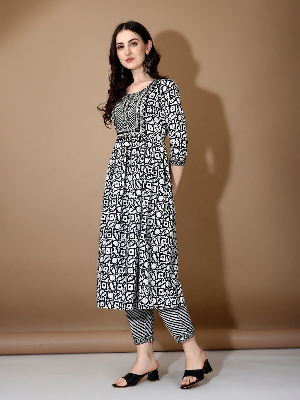 Embroidered & Printed Nyra Cut Kurta With Pant & Dupatta, Black - Hiral Fashion | Grocsy