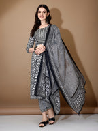 Embroidered & Printed Nyra Cut Kurta With Pant & Dupatta, Black - Hiral Fashion | Grocsy