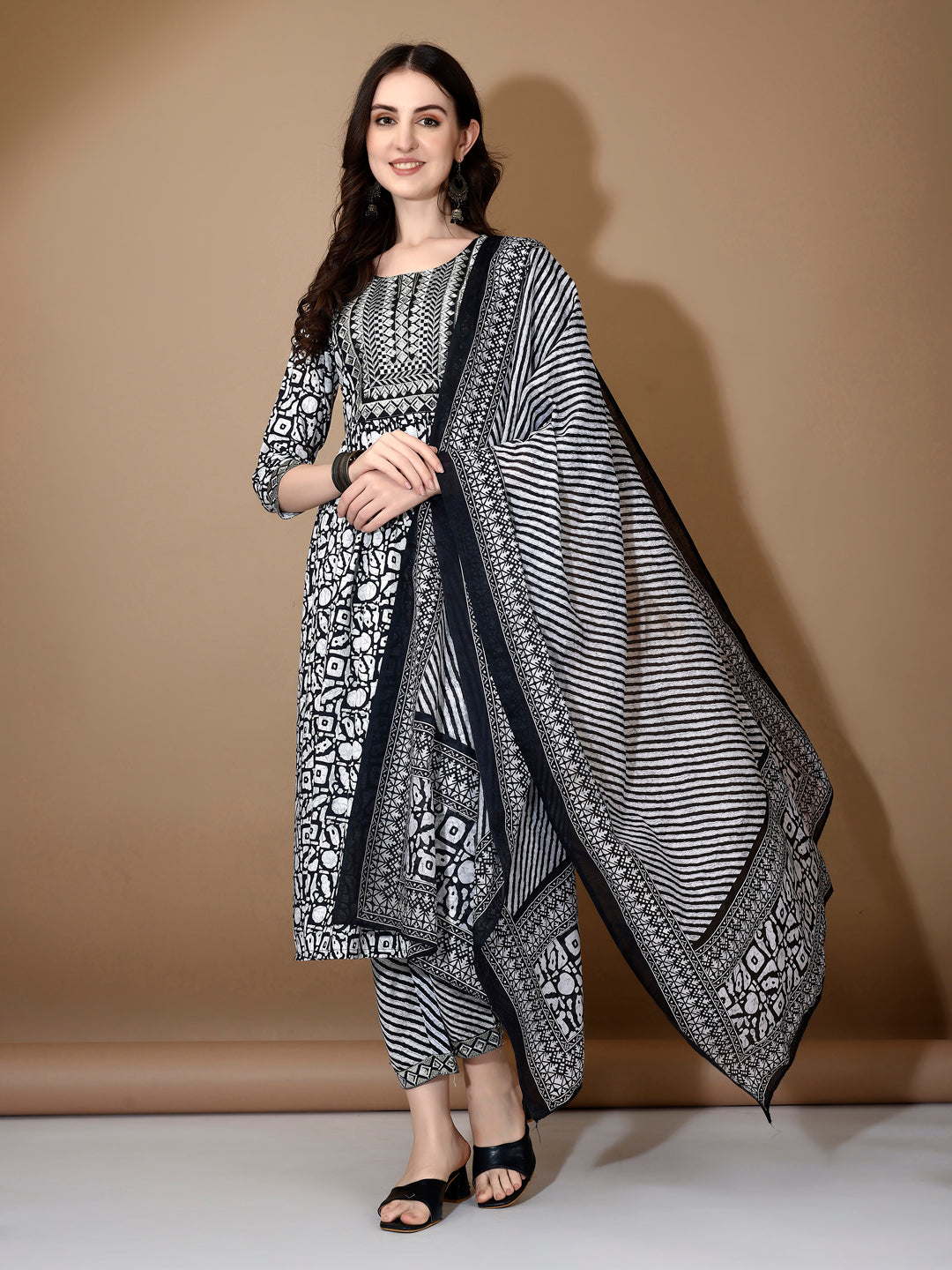 Embroidered & Printed Nyra Cut Kurta With Pant & Dupatta, Black - Hiral Fashion | Grocsy