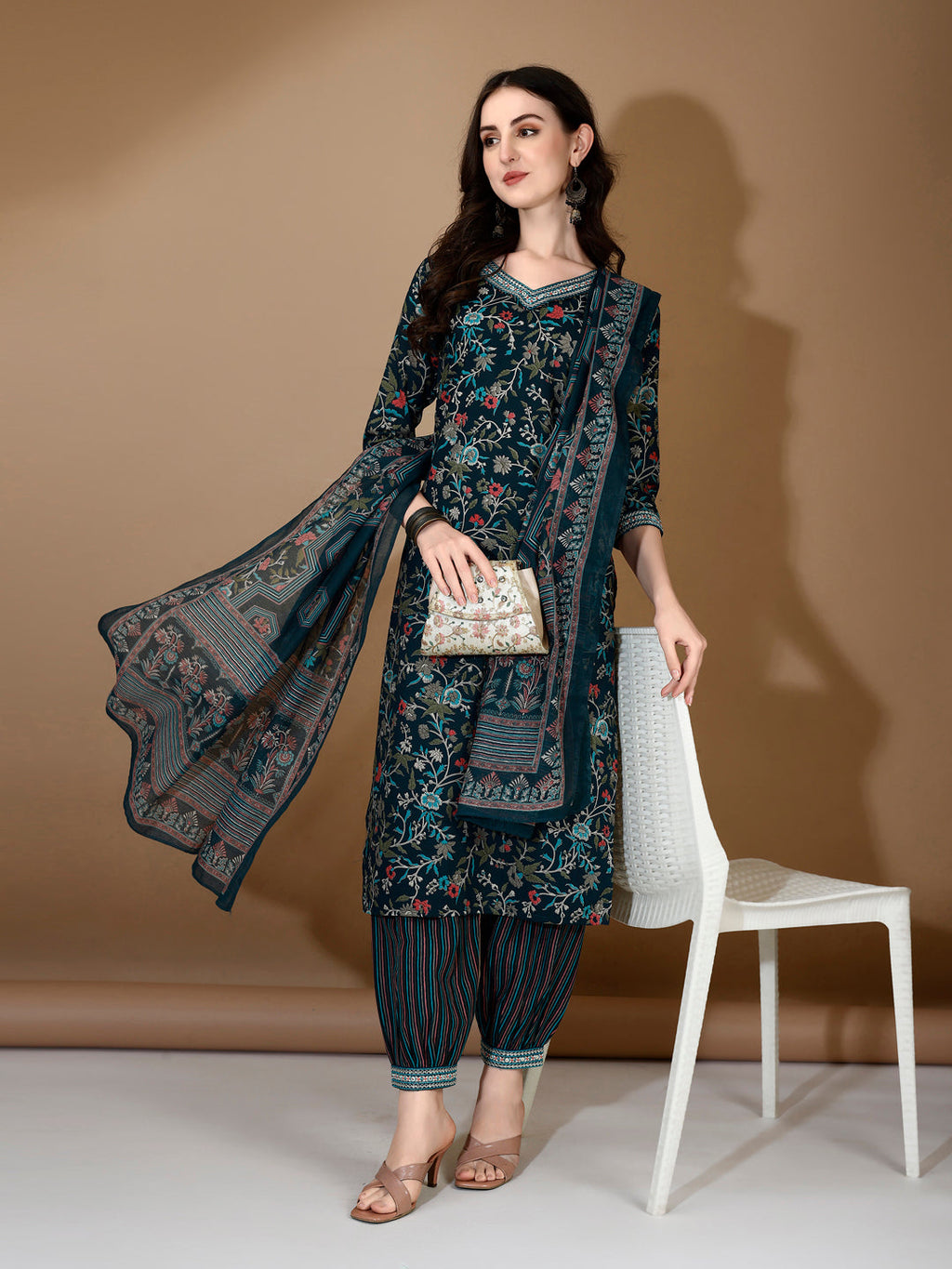Embroidered & Printed Nyra Cut Kurta With Pant & Dupatta, Blue - Hiral Fashion | Grocsy