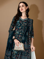 Embroidered & Printed Nyra Cut Kurta With Pant & Dupatta, Blue - Hiral Fashion | Grocsy