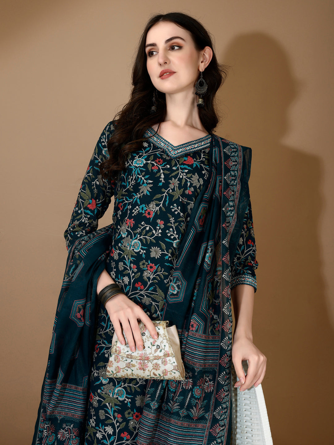 Embroidered & Printed Nyra Cut Kurta With Pant & Dupatta, Blue - Hiral Fashion | Grocsy