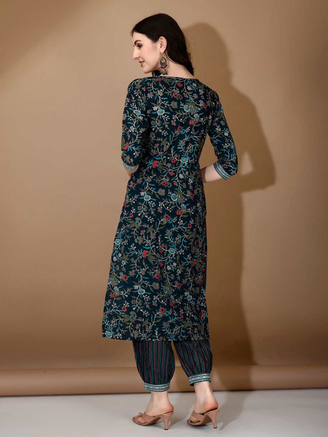 Embroidered & Printed Nyra Cut Kurta With Pant & Dupatta, Blue - Hiral Fashion | Grocsy