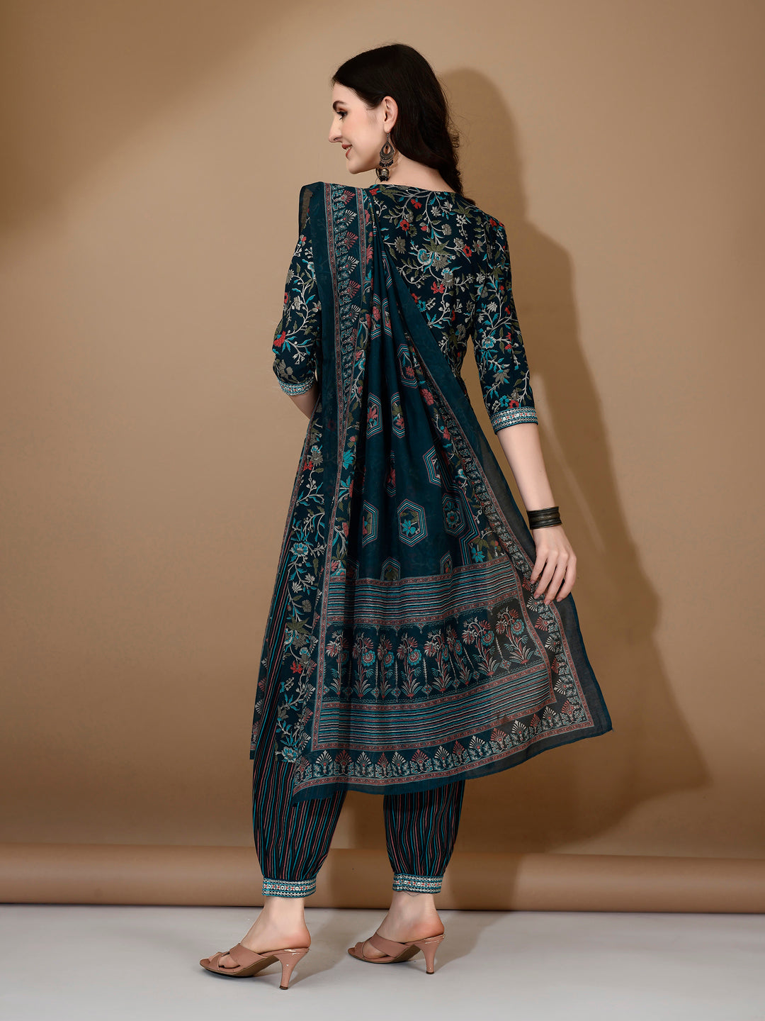 Embroidered & Printed Nyra Cut Kurta With Pant & Dupatta, Blue - Hiral Fashion | Grocsy