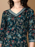 Embroidered & Printed Nyra Cut Kurta With Pant & Dupatta, Blue - Hiral Fashion | Grocsy