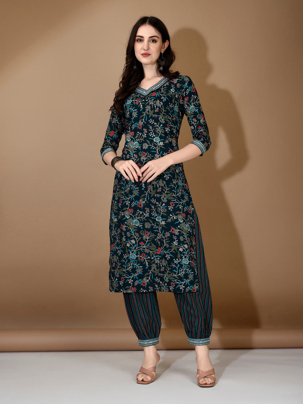Embroidered & Printed Nyra Cut Kurta With Pant & Dupatta, Blue - Hiral Fashion | Grocsy