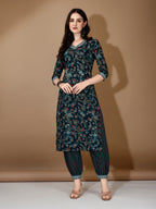 Embroidered & Printed Nyra Cut Kurta With Pant & Dupatta, Blue - Hiral Fashion | Grocsy