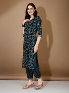Embroidered & Printed Nyra Cut Kurta With Pant & Dupatta, Blue - Hiral Fashion | Grocsy