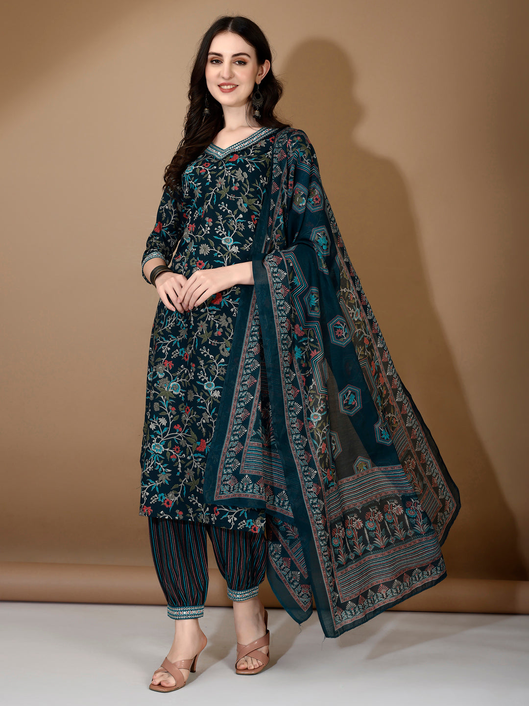 Embroidered & Printed Nyra Cut Kurta With Pant & Dupatta, Blue - Hiral Fashion | Grocsy