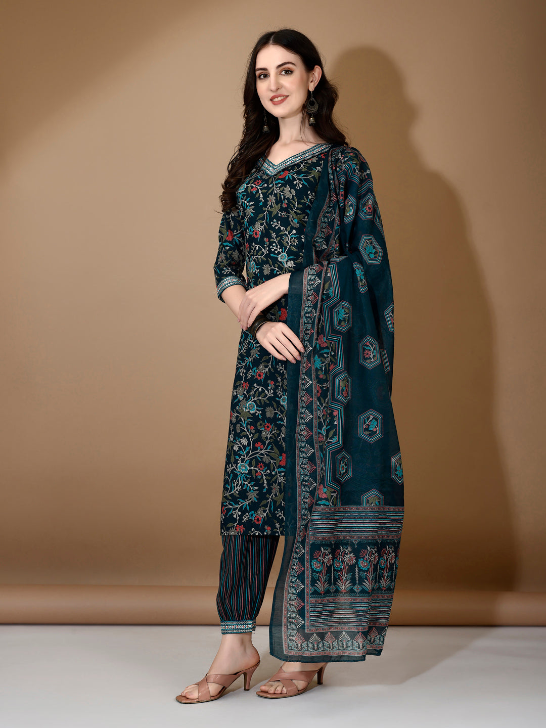 Embroidered & Printed Nyra Cut Kurta With Pant & Dupatta, Blue - Hiral Fashion | Grocsy