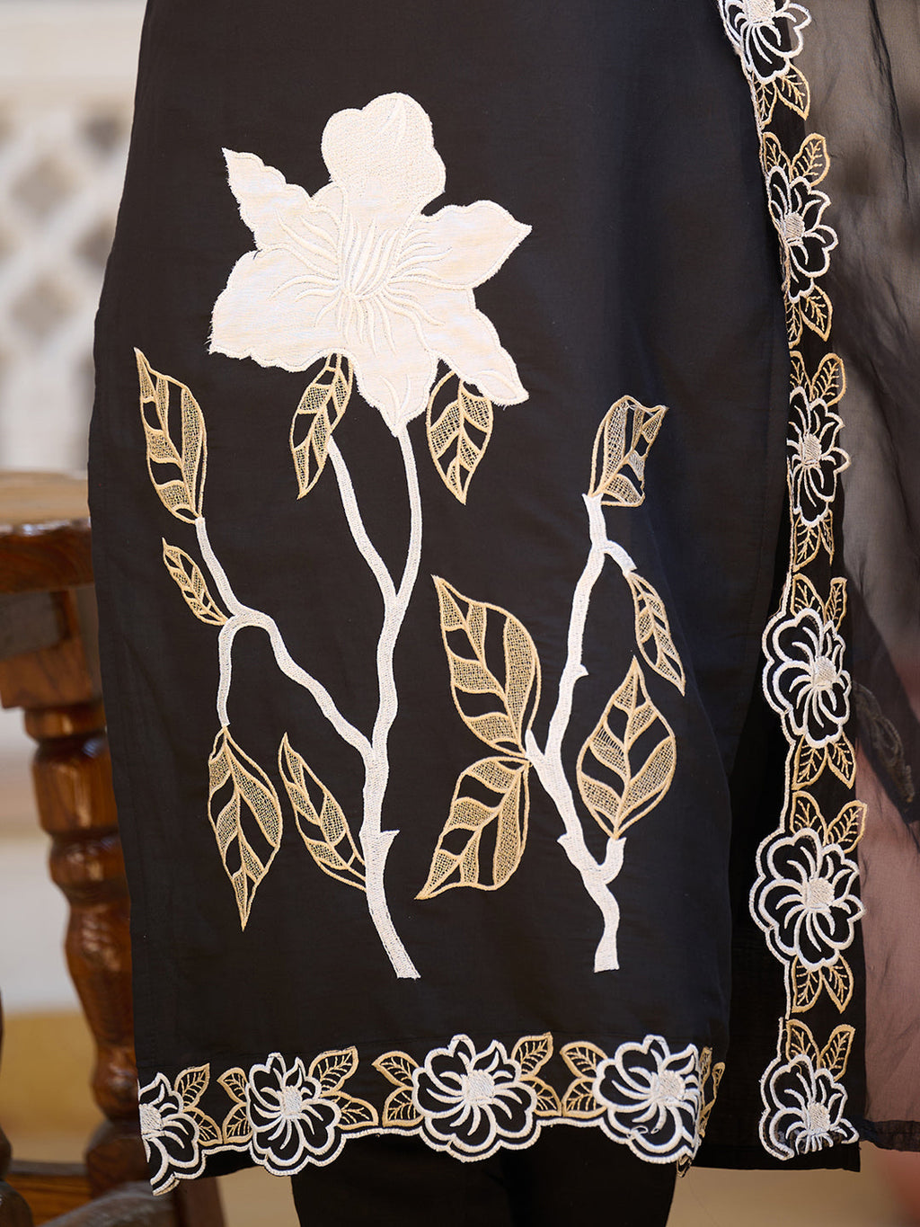 Embroidered Kurta With Pant & Embroidered Cut Work Organza Dupatta, Black - Hiral Fashion | Grocsy