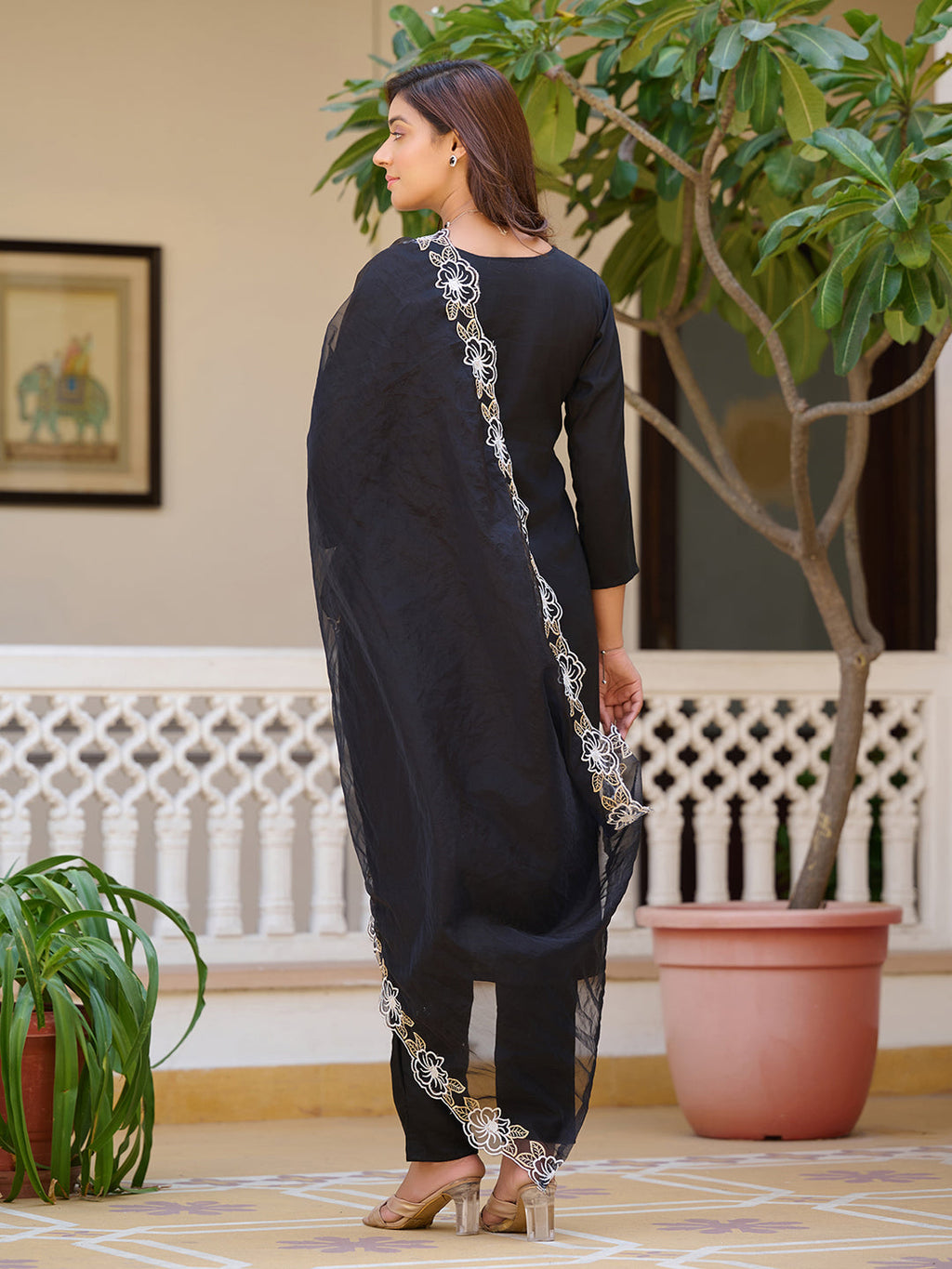 Embroidered Kurta With Pant & Embroidered Cut Work Organza Dupatta, Black - Hiral Fashion | Grocsy