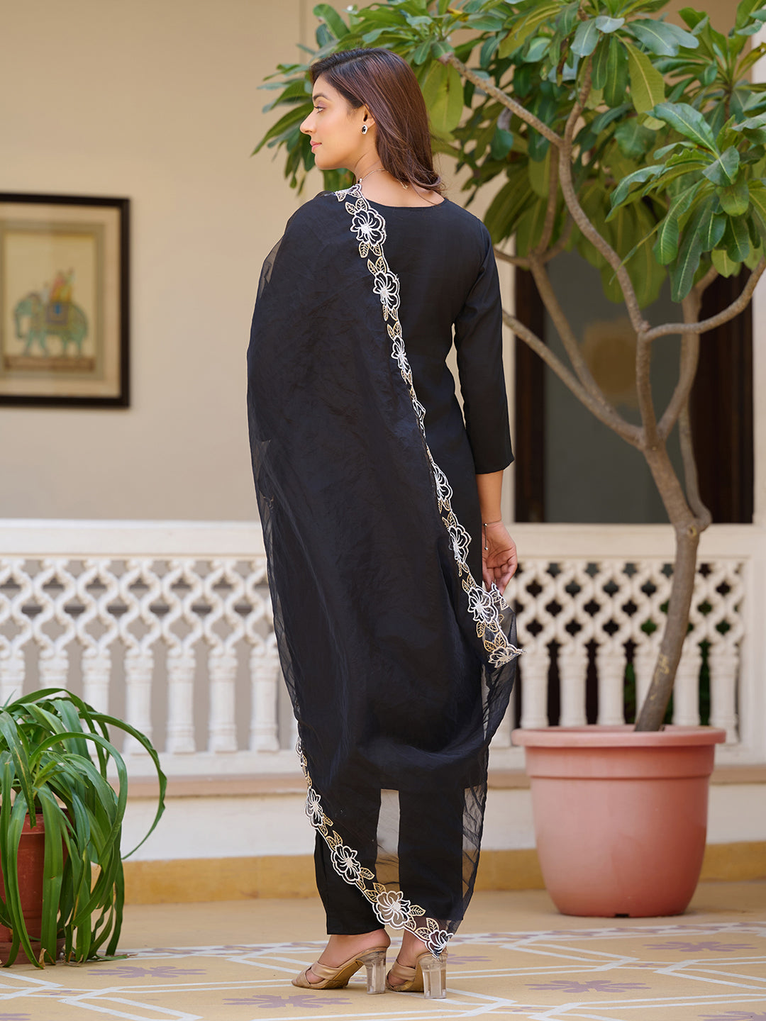 Embroidered Kurta With Pant & Embroidered Cut Work Organza Dupatta, Black - Hiral Fashion | Grocsy