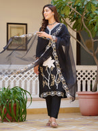 Embroidered Kurta With Pant & Embroidered Cut Work Organza Dupatta, Black - Hiral Fashion | Grocsy