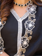 Embroidered Kurta With Pant & Embroidered Cut Work Organza Dupatta, Black - Hiral Fashion | Grocsy