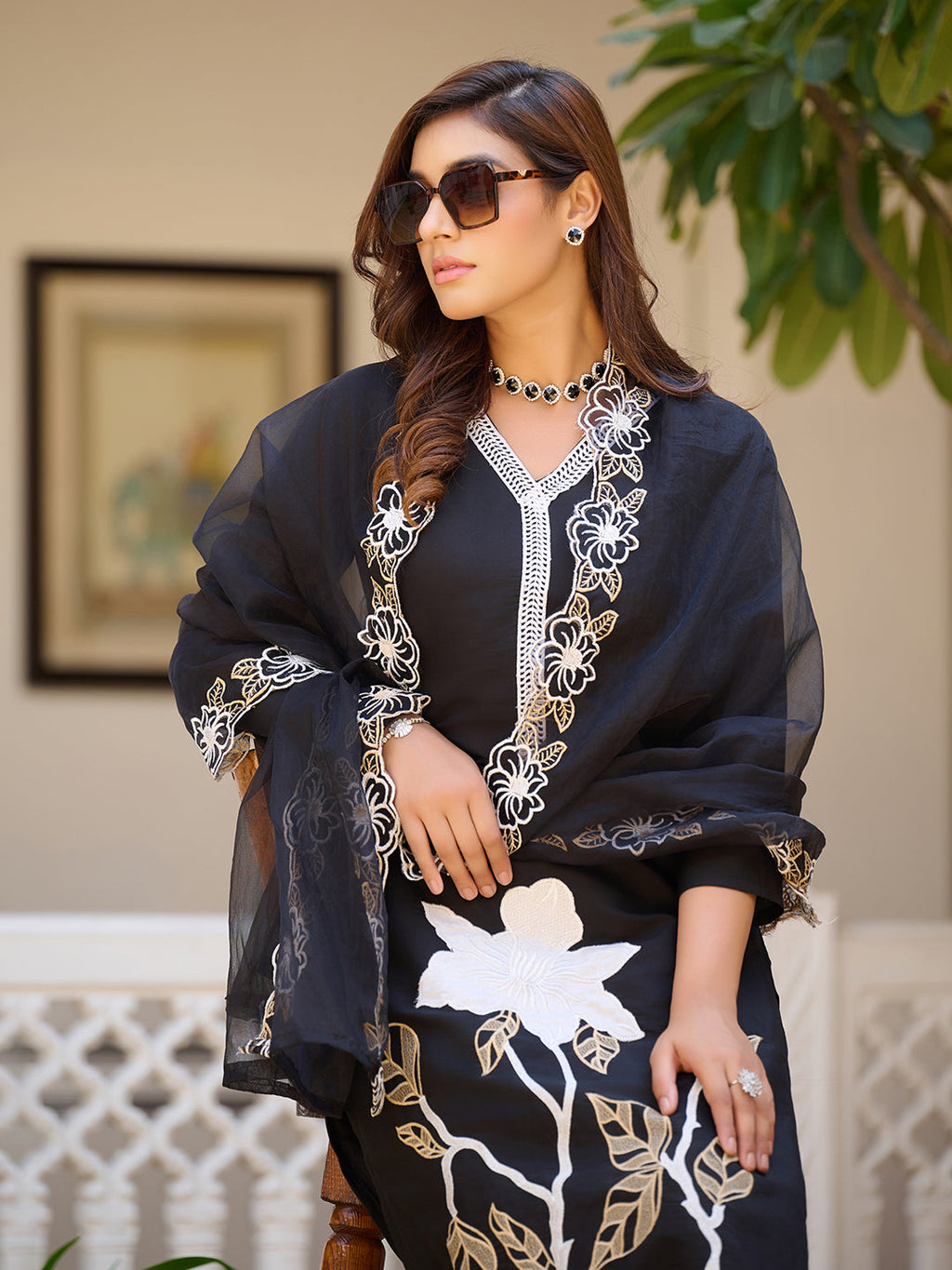 Embroidered Kurta With Pant & Embroidered Cut Work Organza Dupatta, Black - Hiral Fashion | Grocsy